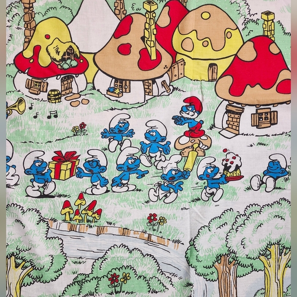 Vintage 1980s "Smurf Village " Twin Flat Bed Sheet Fabric - Picture 1 of 12